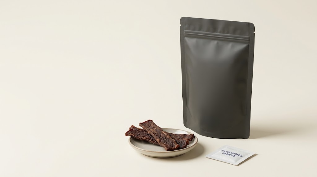 Illustrative beef jerky pouch beside an intact oxygen absorber packet and a small serving of jerky.