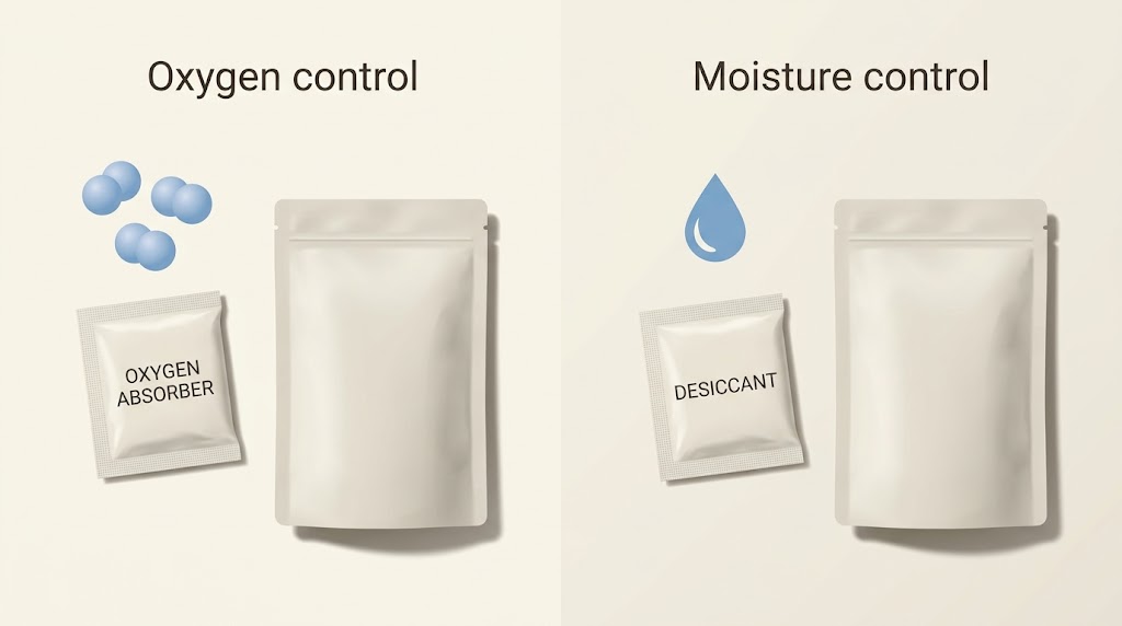 Conceptual comparison of an oxygen absorber sachet and a desiccant sachet in two separate packaging scenes.