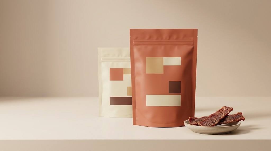Illustrative retail display of sealed beef jerky pouches beside a small serving of jerky.