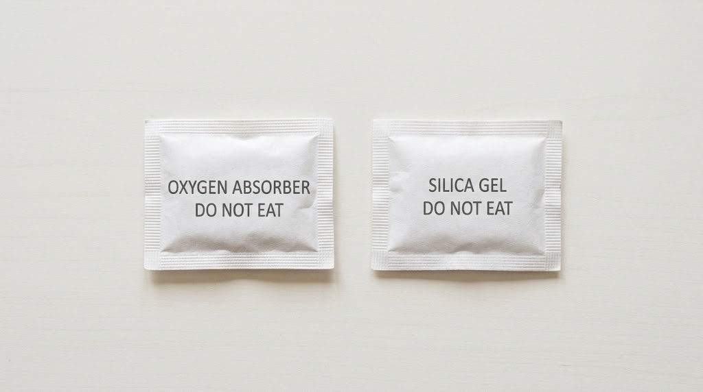 Illustrative close-up of intact oxygen absorber and desiccant sachets with their identifying wording visible.