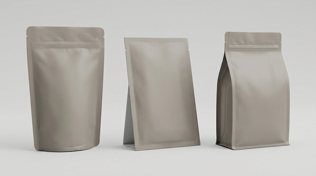 Illustrative comparison of stand-up, flat three-side-seal and flat-bottom pouches for beef jerky packaging.