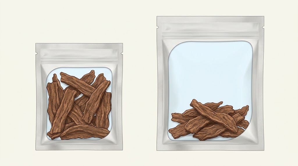 Conceptual cutaway view of two jerky pouches with different amounts of unfilled space around the product.