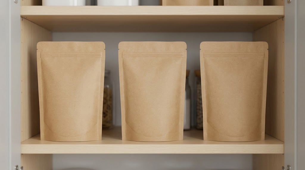 Illustrative sealed jerky pouches stored upright in a clean dry cabinet away from direct sunlight.