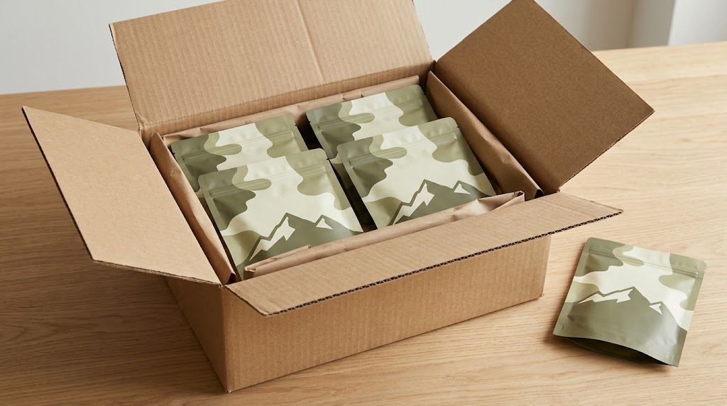 Illustrative arrangement of sealed beef jerky pouches protected inside a corrugated shipping carton.
