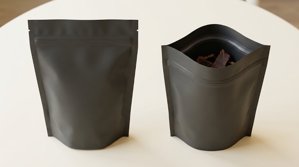 Illustrative comparison of an unopened heat-sealed jerky pouch and an opened pouch with an intact resealable zipper.