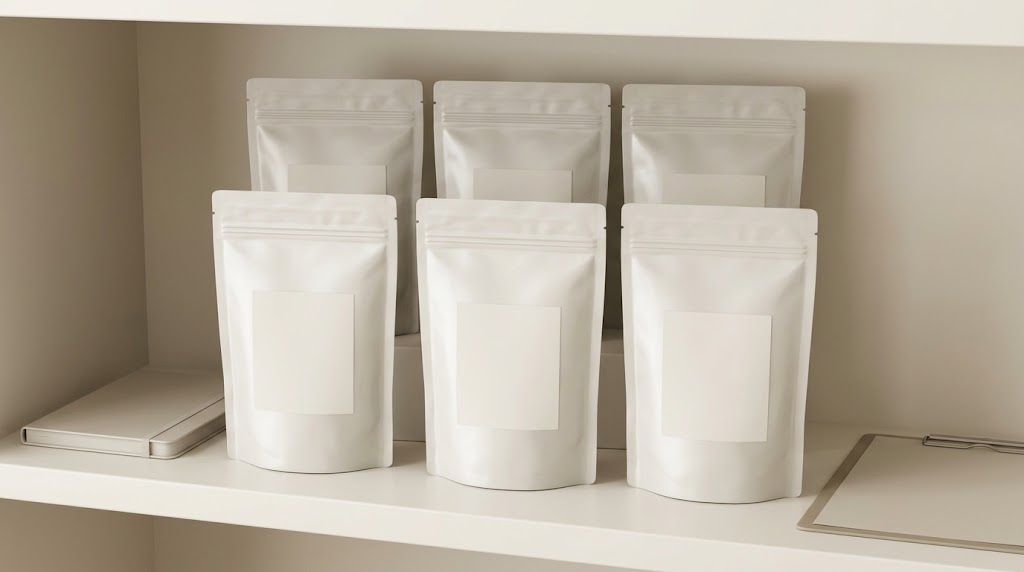 Illustrative rows of sealed jerky pouches organized as retained study samples with plain identification labels.