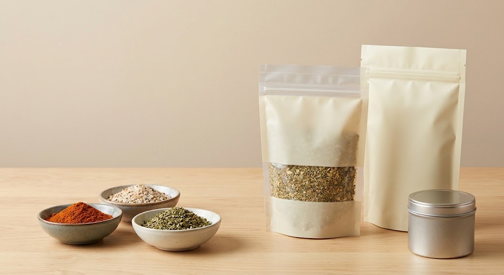Illustrative retail spice mix pouches beside distinct bowls of fine powder and coarse seasoning.