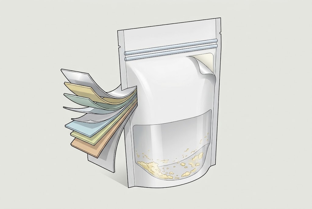 Conceptual cheese pouch showing smooth press-to-close profiles, material layers, a window and leftover product