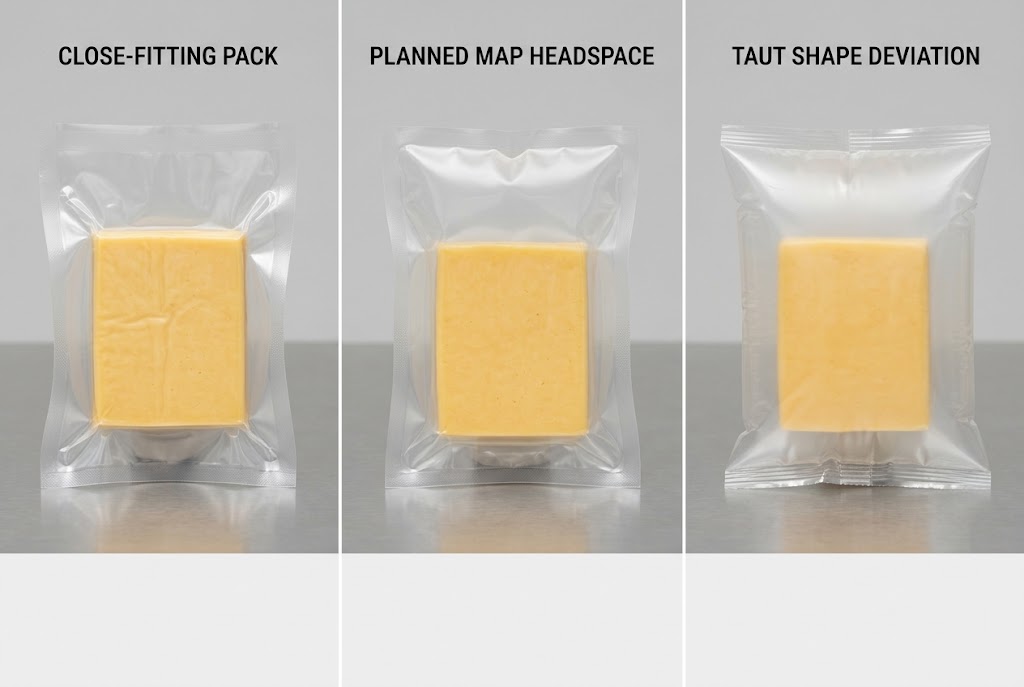 Illustrative comparison of close-fitting cheese packaging, planned MAP headspace and an unexpected shape deviation