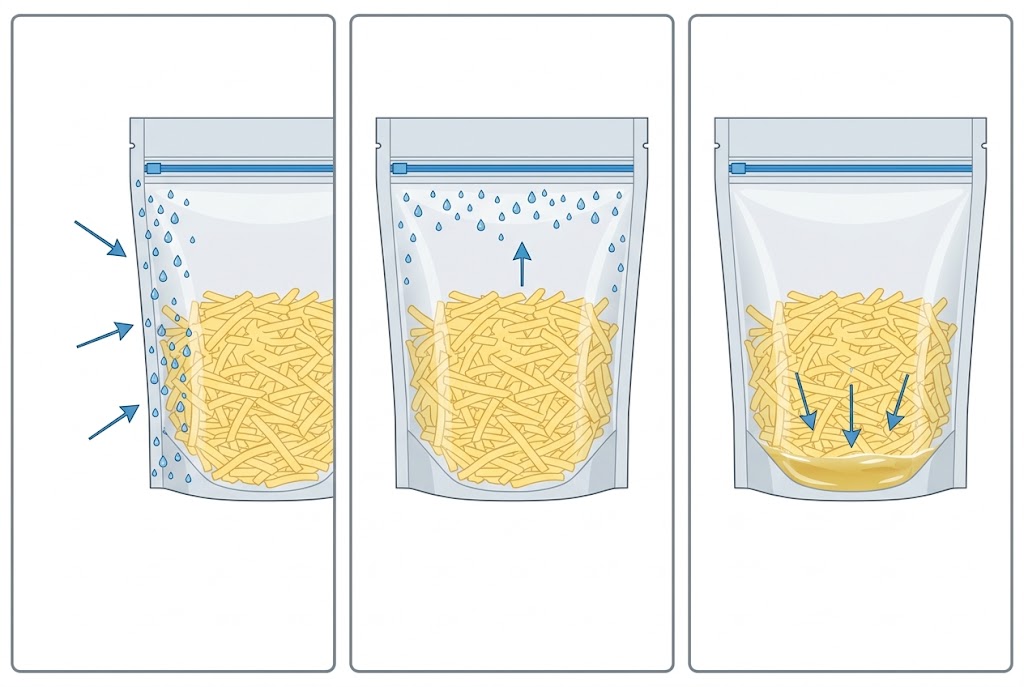 Conceptual cross-section distinguishing outside dew, inner headspace condensation and cheese purge