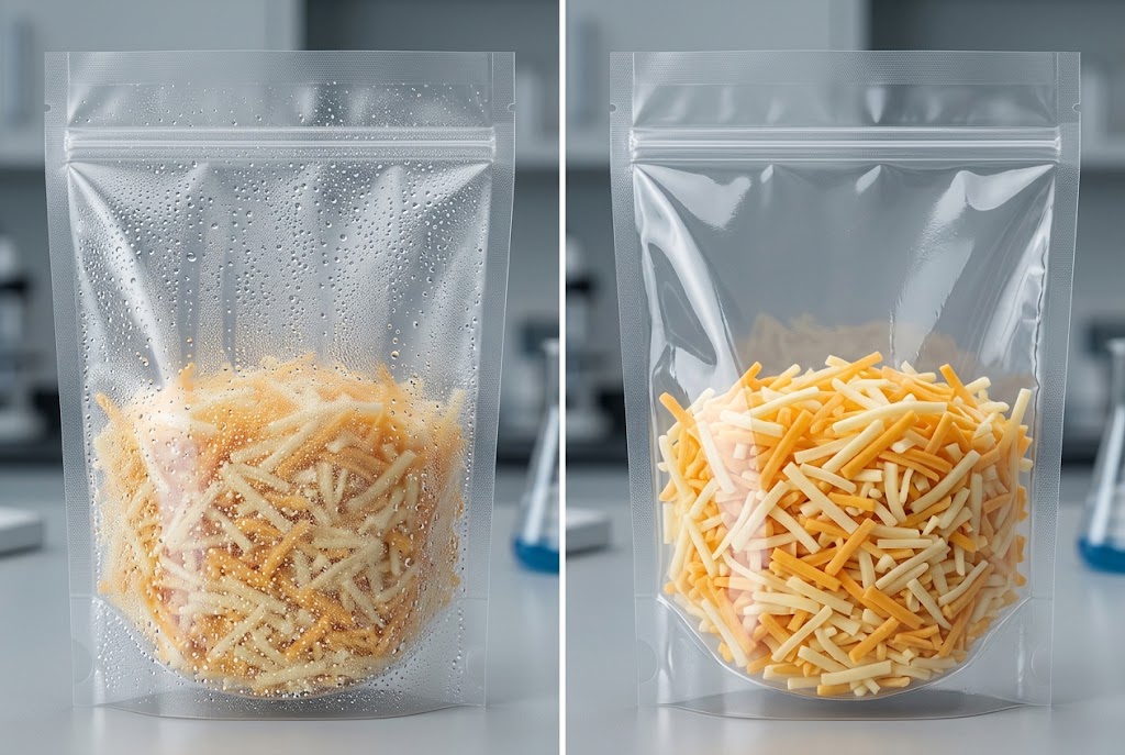 Conceptual comparison of beaded fog and spread-out water on a cheese packaging anti-fog window