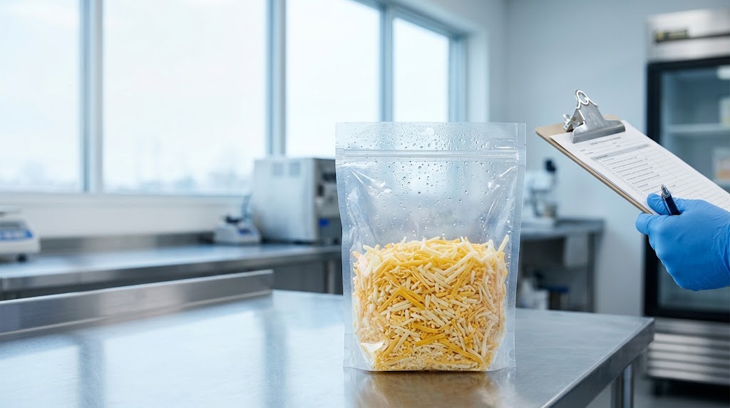 Illustrative refrigerated cheese pouch inspected for packaging condensation