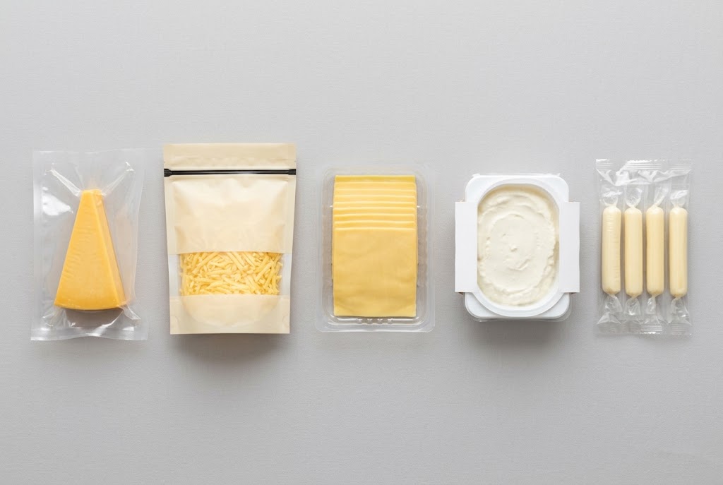 Illustrative comparison of cheese packaging formats for blocks, shreds, slices, fresh cheese and snack portions