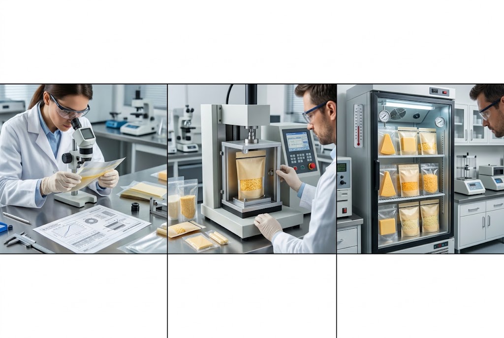 Illustrative pathway from material checks to filled-pack tests and cheese shelf-life validation