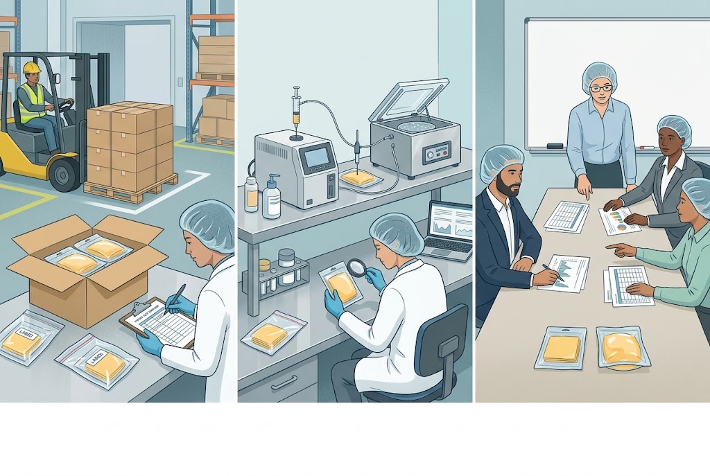 Illustrative cheese-pack investigation showing a lot hold, package checks and controlled revalidation