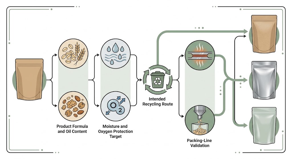 Decision tree linking oatmeal formula, shelf-life risk, recycling objective and packing-line capability to three material routes