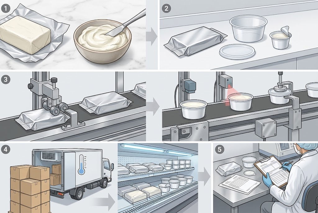 Five-stage cream cheese packaging evaluation from product and sample formats through line, cold-chain and final review