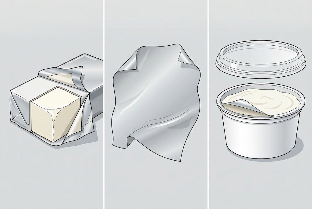 Conceptual comparison of foil-based block wrap, metallic-looking flexible film and a lidded cream cheese tub