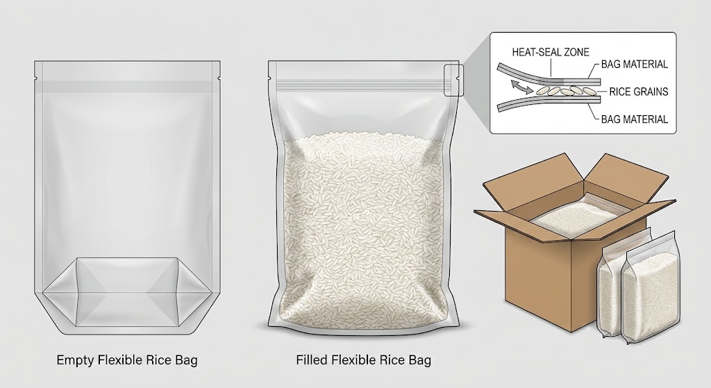 Illustrative comparison of an empty flexible rice bag, a filled bag with headspace and top heat seal, and its carton fit.