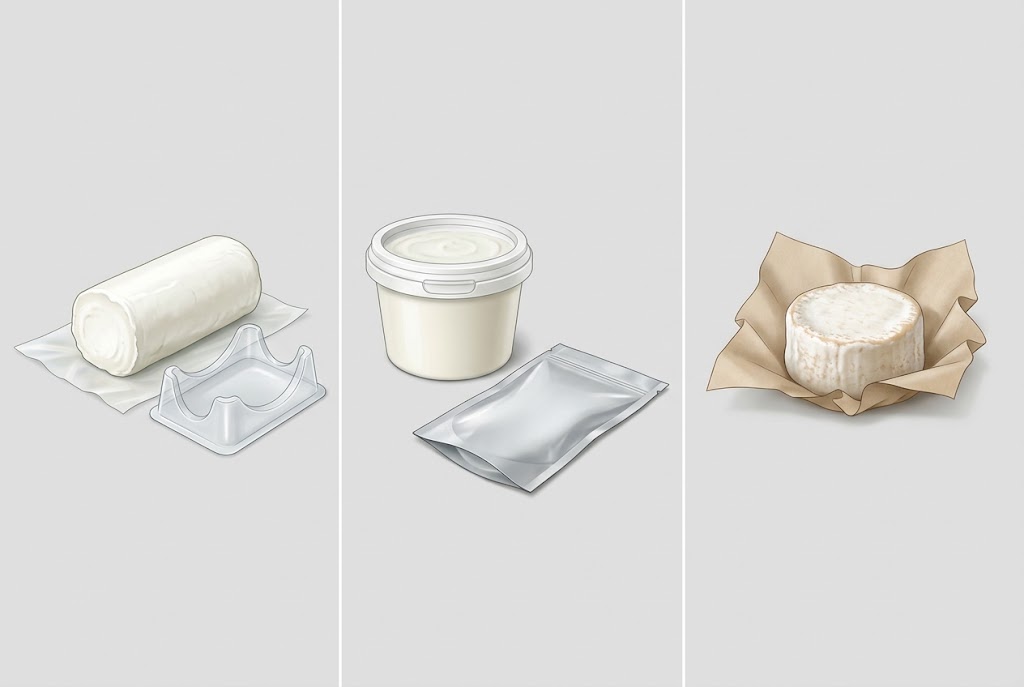 Packaging format comparison showing a supported fresh log, a spread cup and an aged goat cheese wrap