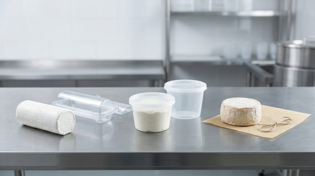 Fresh goat cheese log, spread and aged round beside distinct retail-packaging options