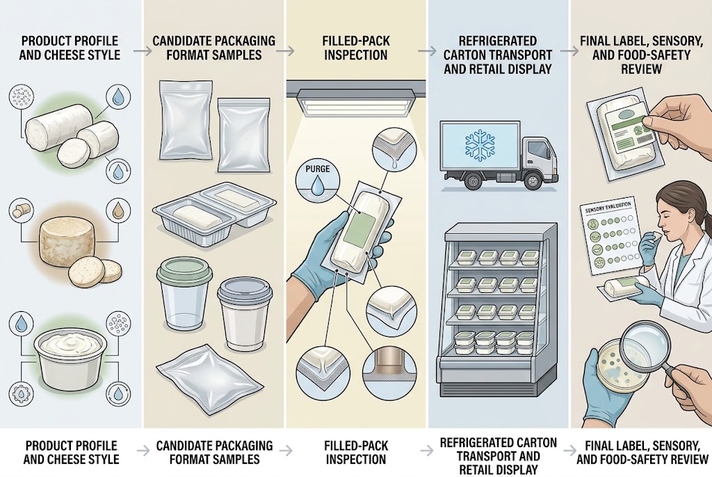 Conceptual goat cheese package validation pathway from product profile and format samples to inspection, chilled distribution and review