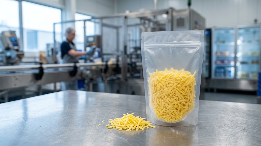 Illustrative retail shredded-cheese pouch in a packaging setting