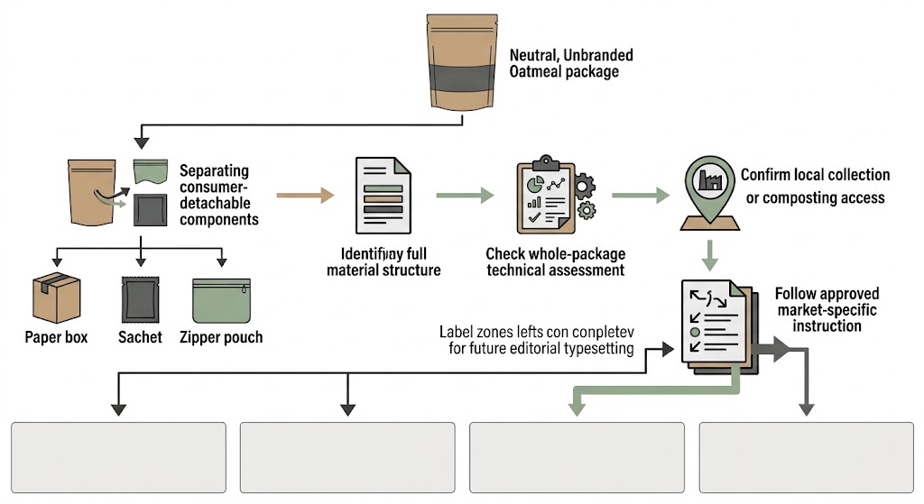 Decision tree for identifying oatmeal packaging components, checking the finished structure and confirming local recycling or composting instructions