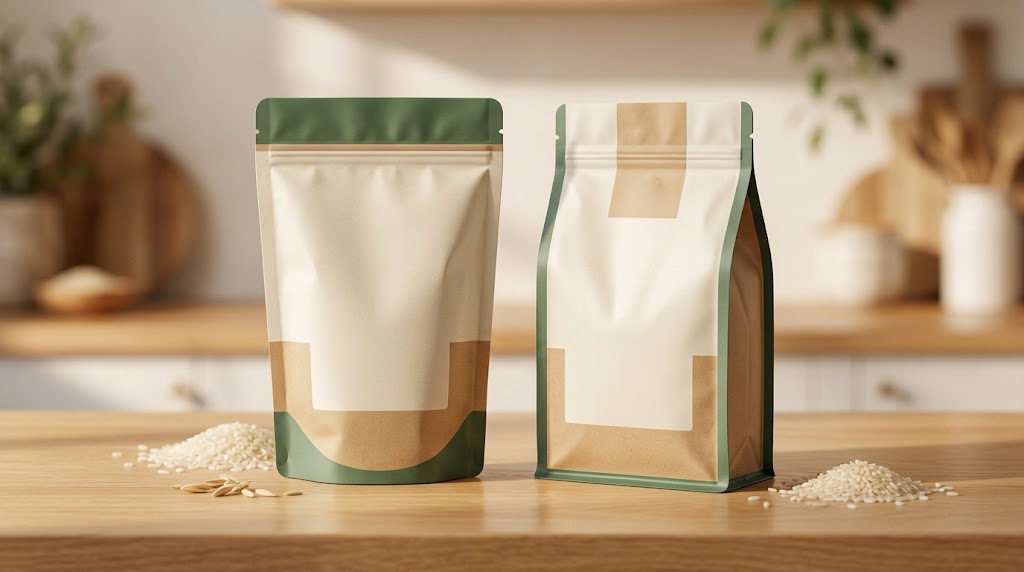 Illustrative rice packaging bags and filling process.