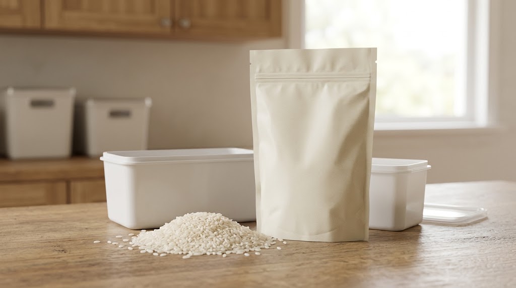 Illustrative dry white rice beside a sealed opaque storage pouch and a rigid outer container.
