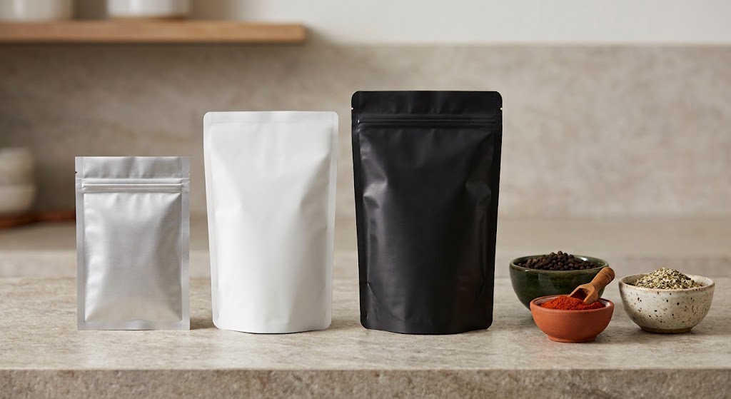 Illustrative range of sealed spice pouches ready for retail, beside bowls of whole and ground seasonings.