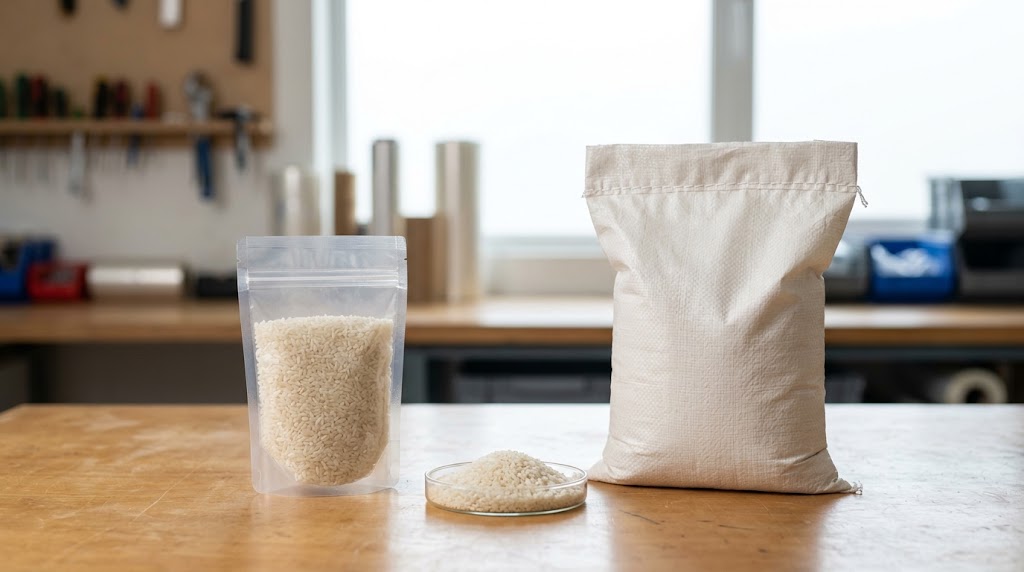 Illustrative heat-sealed retail rice pouch beside a sewn woven rice sack on a packaging workbench.