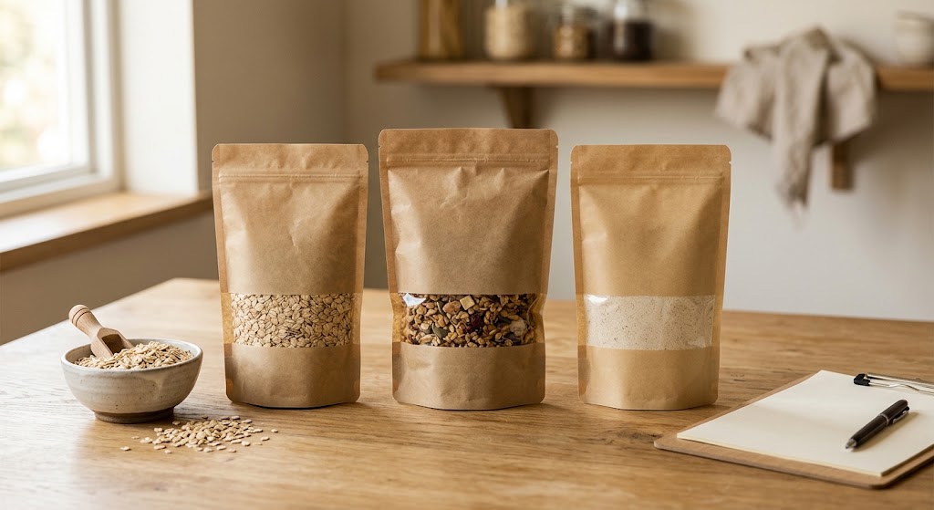 Retail oatmeal packaging concepts beside oats and a quality-control checklist