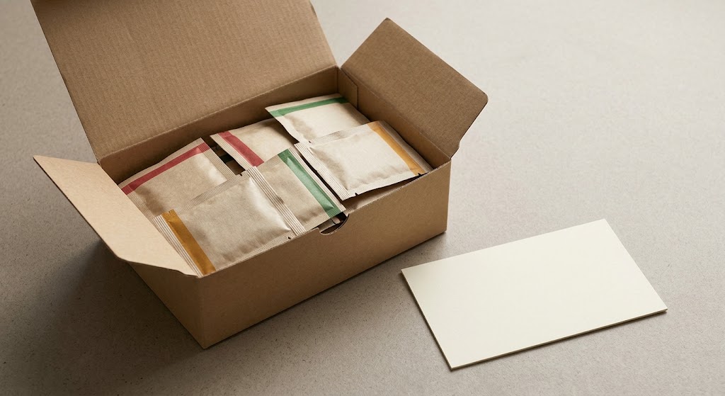 Illustrative mixed-flavor seasoning sachets arranged in a retail carton with distinct color cues and a separate blank batch-record card.