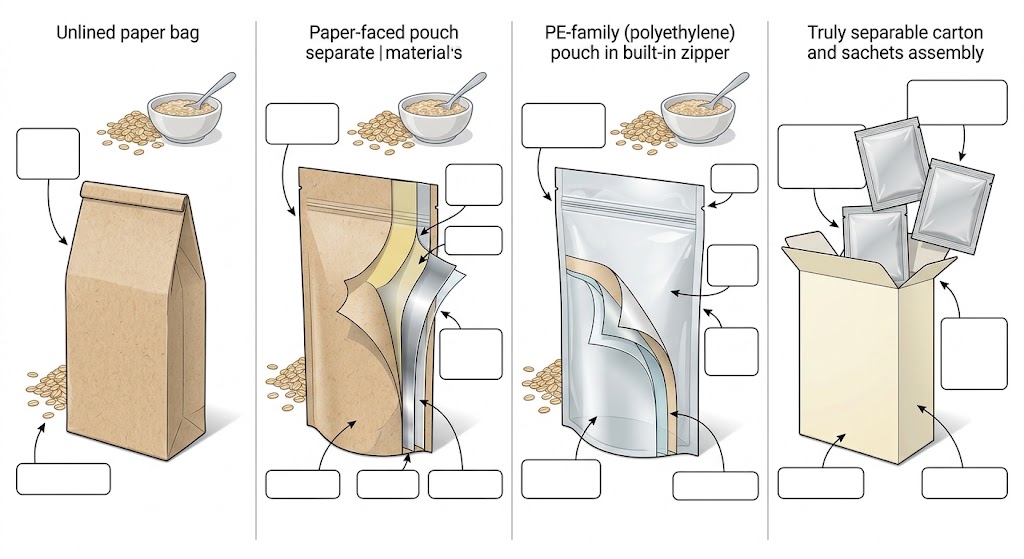 Conceptual oatmeal packaging assembly showing paper, coatings, film, zipper and separate carton or sachet components