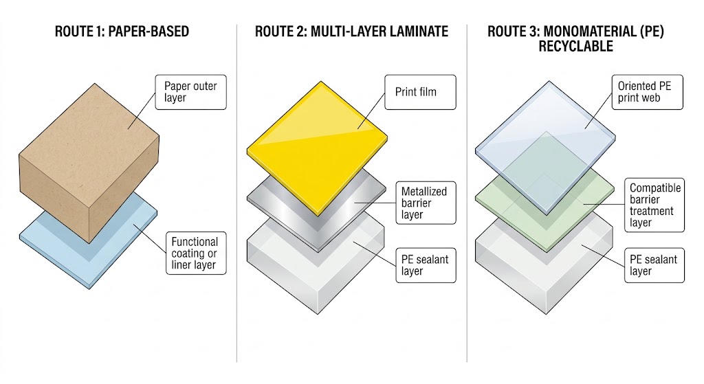 Exploded layer comparison of paper-based, metallized laminate and mono-PE oatmeal pouch structures