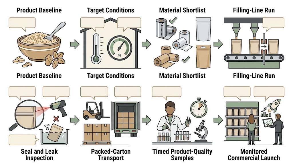 Eight-stage validation pathway for filled oatmeal pouches, from baseline and line trial through distribution, shelf-life checks and change control