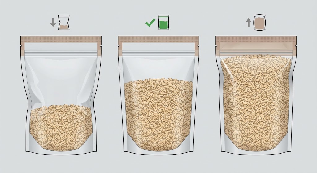 Illustrative underfilled, correctly filled and overfilled oatmeal pouches showing why headspace matters