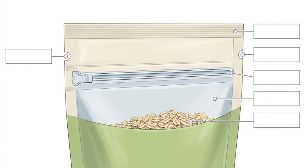 Diagram distinguishing the first heat seal, tear notch and resealable zipper on an oatmeal pouch