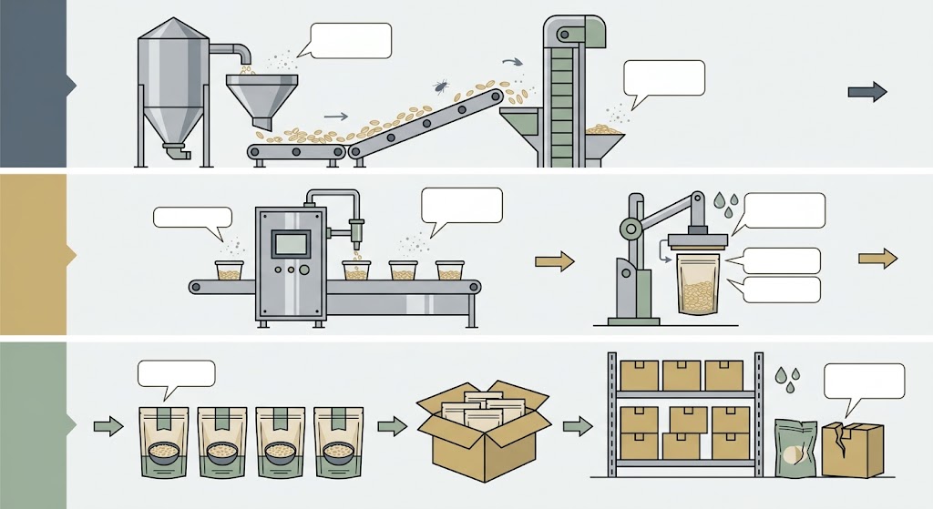 Conceptual pathways from ingredients, packing environment and damaged retail packages to oatmeal quality problems