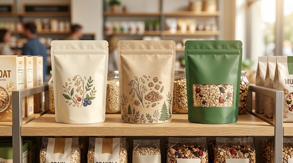 Custom oatmeal stand-up pouches for rolled oats and granola on a retail shelf