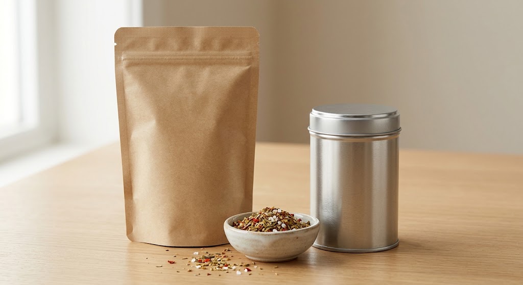 Illustrative unbranded spice pouch and metal tin shown side by side without certification seals or label claims.