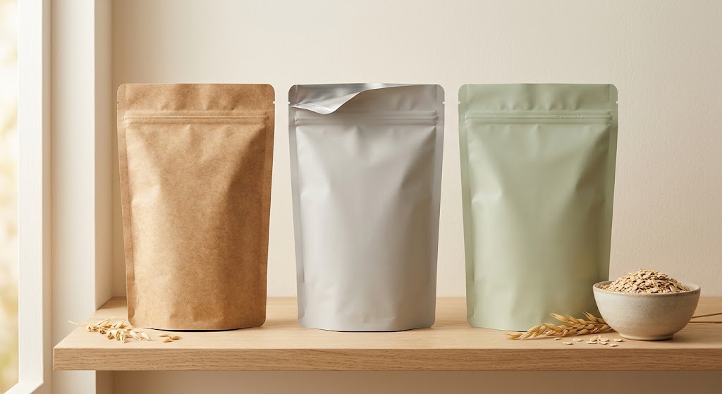 Paper, high-barrier and mono-PE oatmeal pouch concepts displayed side by side