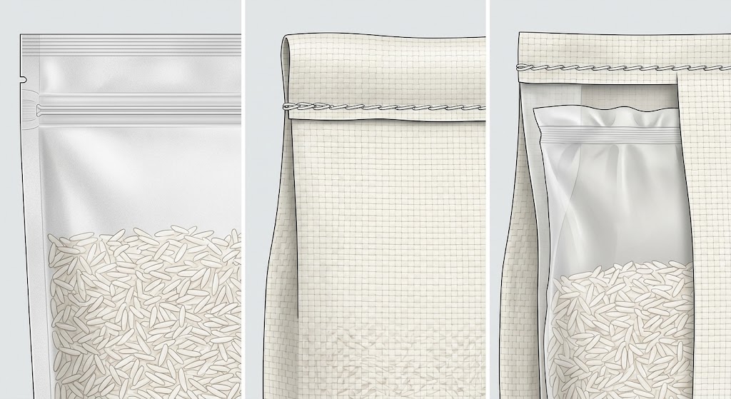 Illustrative comparison of a heat-sealed retail rice pouch, a sewn woven rice sack, and a separately closed inner liner inside a woven sack.