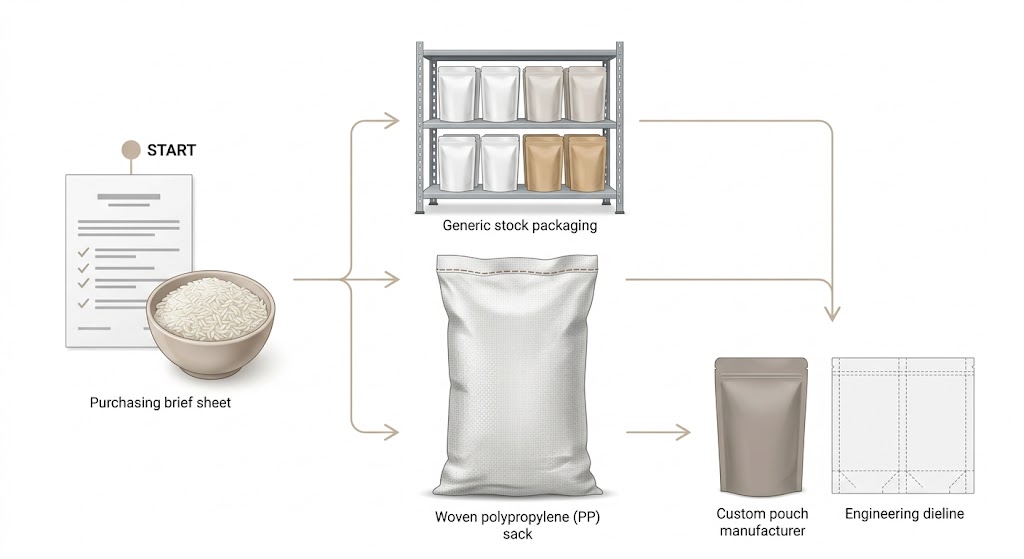 Illustrative sourcing routes showing stock packaging, a woven polypropylene sack, and a custom pouch manufacturer.