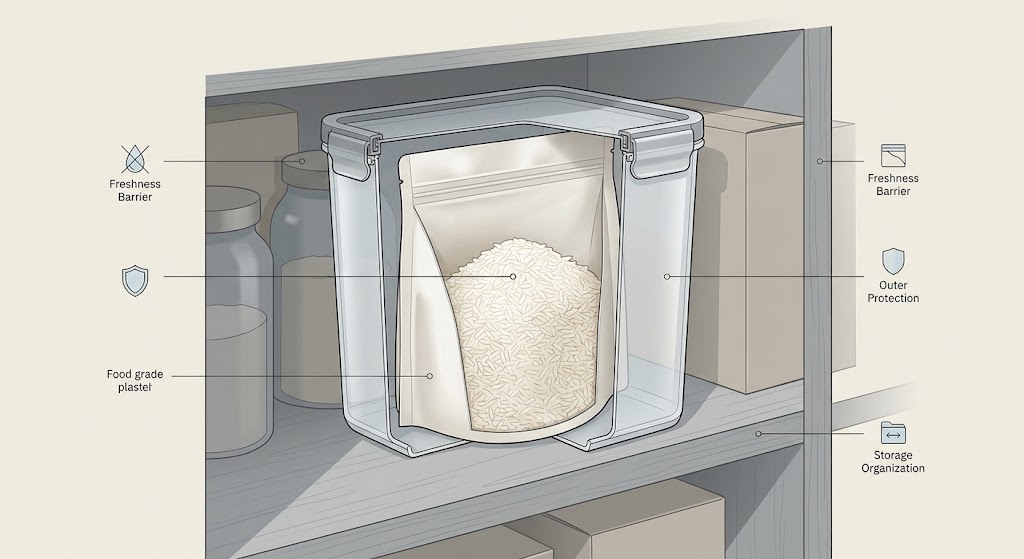 Illustrative nested rice-storage system showing a sealed inner pouch, a rigid outer container, and a clean dry storage area.