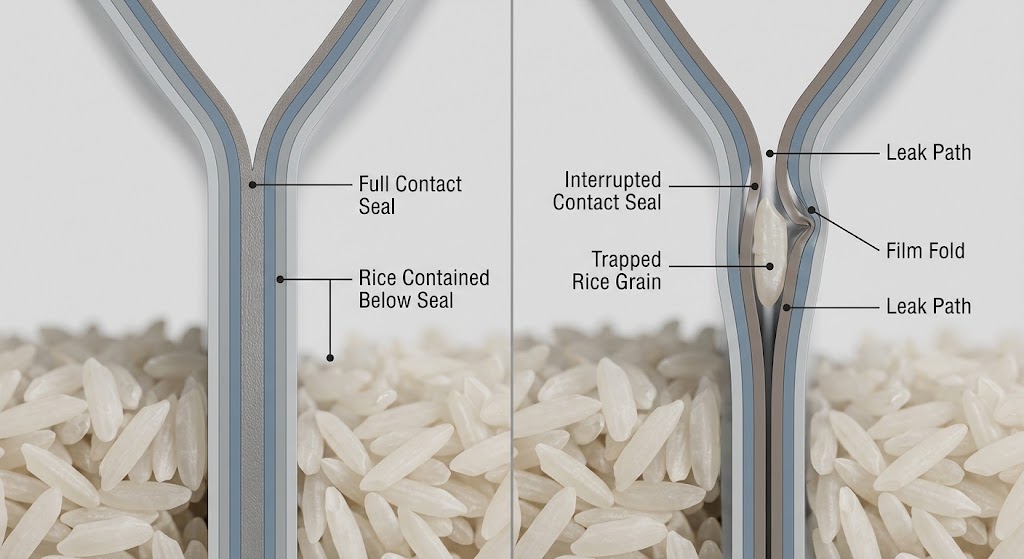 Illustrative side-by-side cross sections of a clean rice-pouch heat seal and a seal interrupted by a grain or crease.