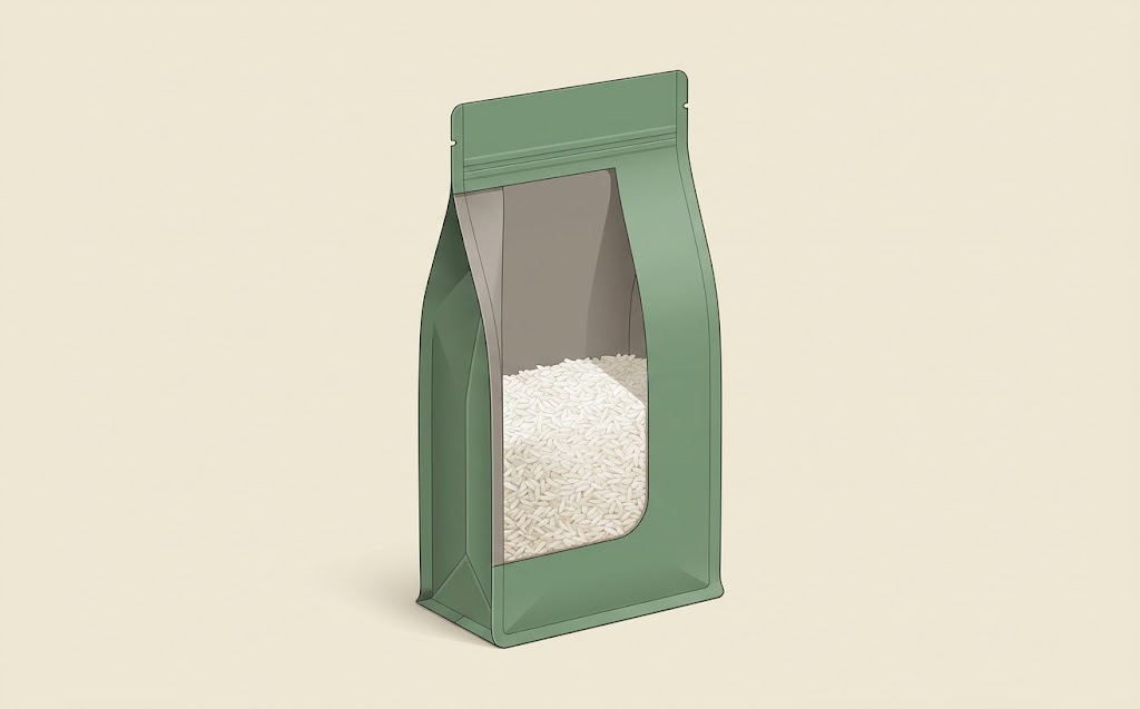 Illustrative rice pouch showing settled fill below a clean top heat-sealing area