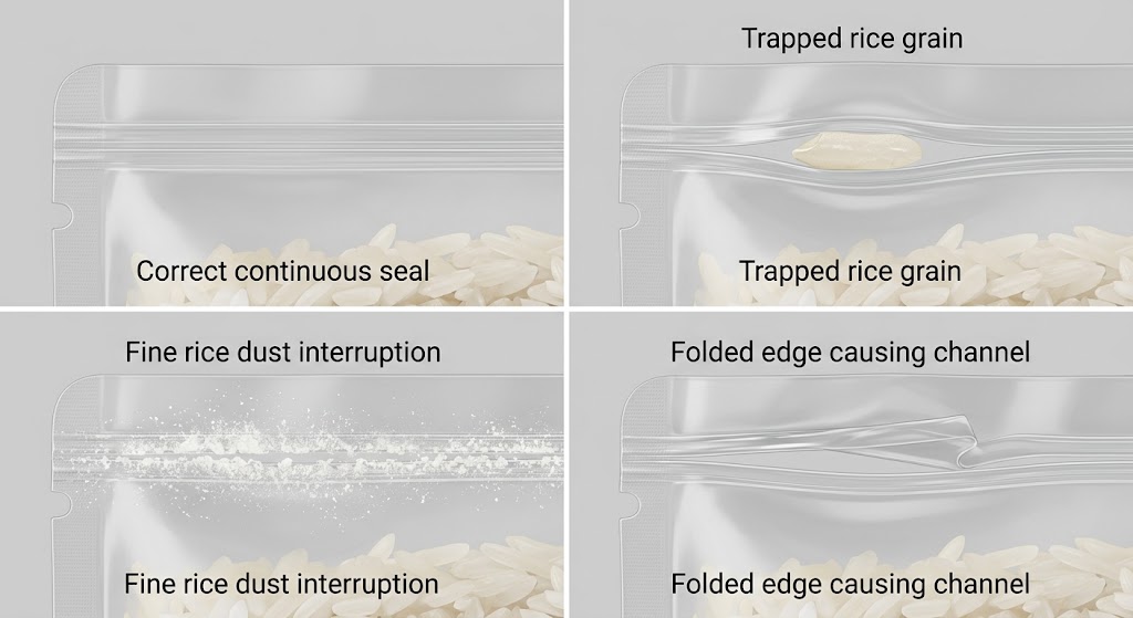Illustrative rice-pouch top seal showing a clean seam and separate examples of a trapped grain, dust, wrinkle, and misaligned edge.