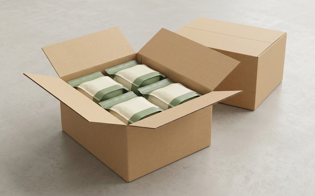 Pouches arranged inside an open shipping carton beside a closed carton.